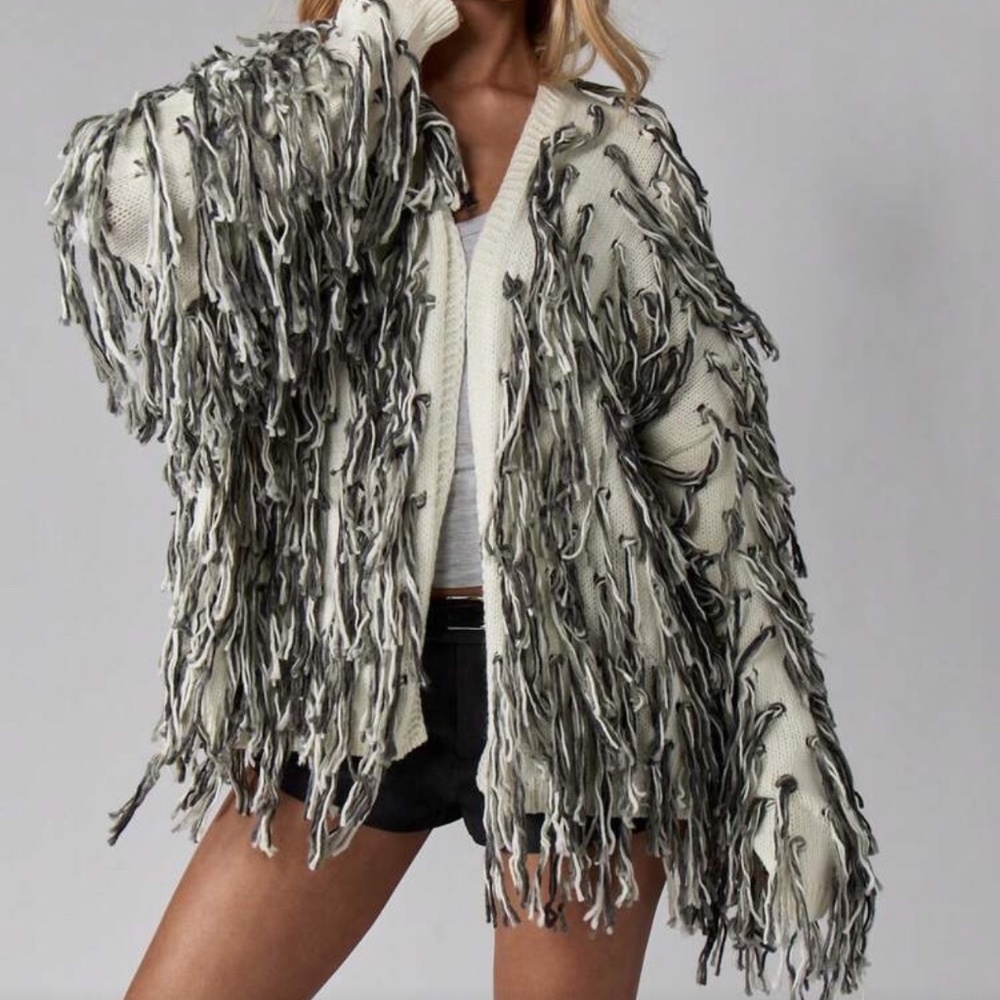 MISSGUIDED Shaggy Fringe Knit Cardigan Winter Oversized Slouchy Open Front Long